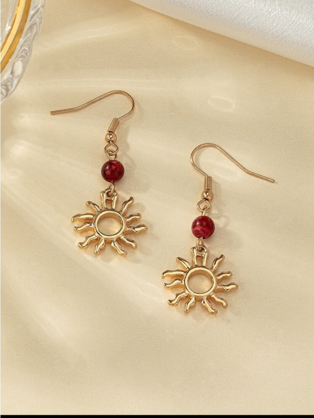 SHEIN Gold Sun Dangle Earrings with Red Bead Accent